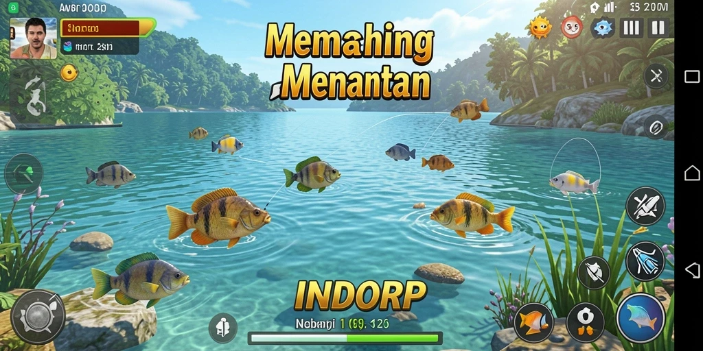 Tampilan gameplay INDORP yang menegangkan saat memancing ikan besar.