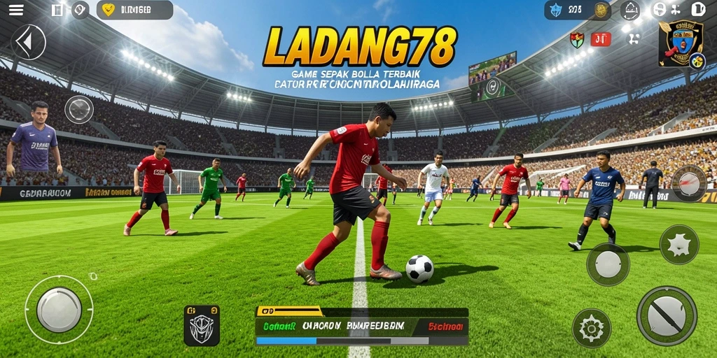 Tampilan gameplay dinamis dalam LADANG78 yang menampilkan aksi sepak bola.