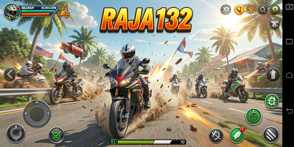 Screenshot gameplay RAJA132 menampilkan aksi balapan motor yang mendebarkan.