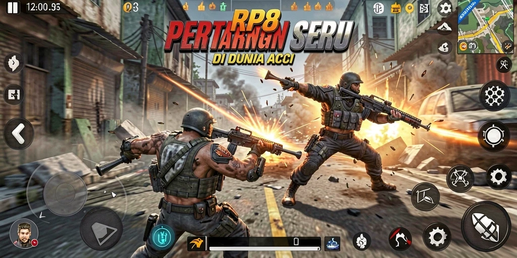 Tampilan utama gameplay RP8 menampilkan aksi pertempuran yang intens.