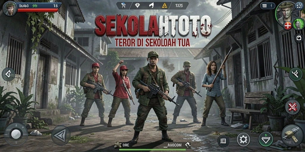 Screenshot gameplay menampilkan suasana gelap dan menakutkan di SEKOLAHTOTO.