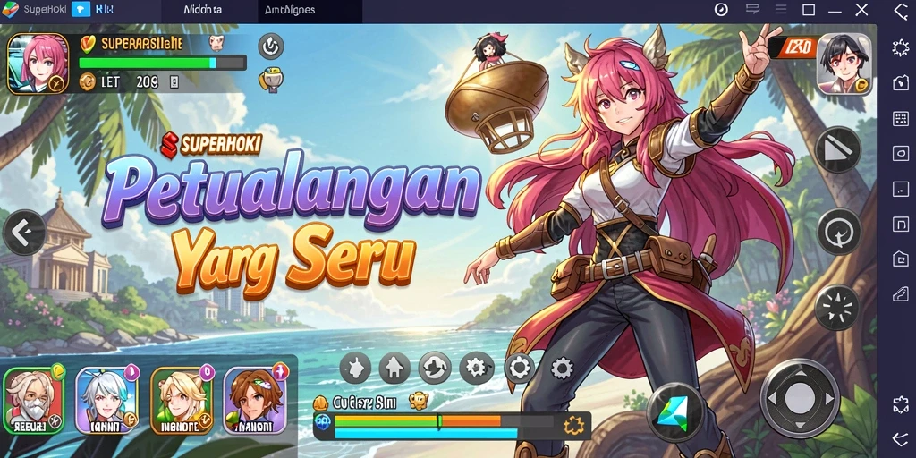 Screenshot gameplay SUPERHOKI dengan karakter anime yang dinamis.